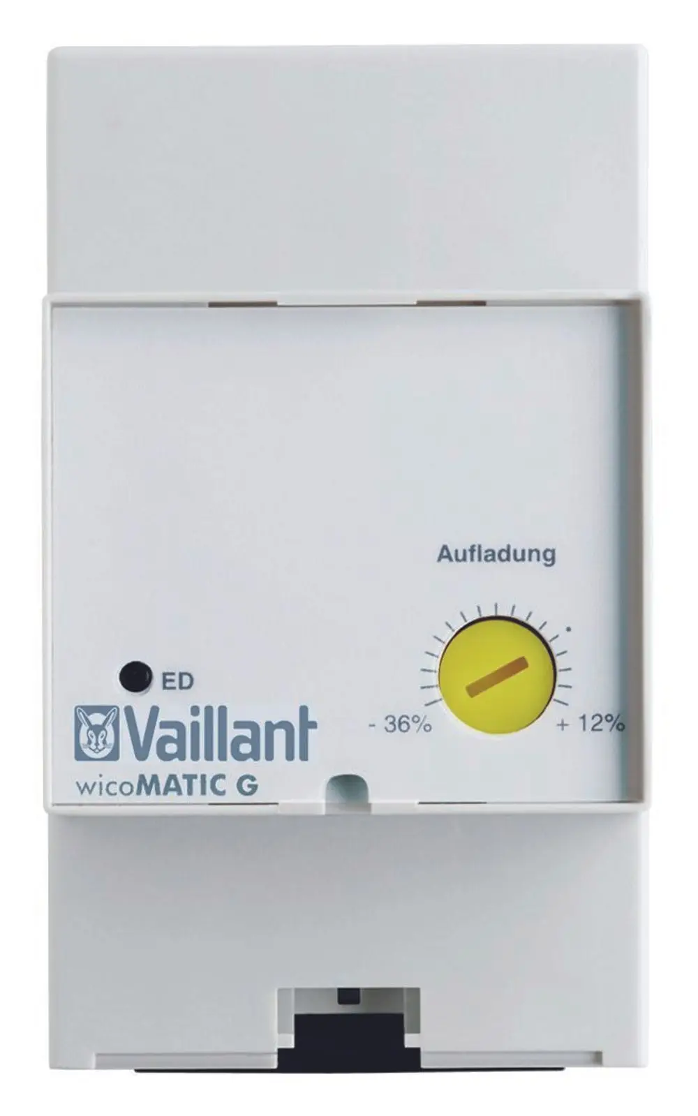 Weißes Steuergerät von Vaillant mit dial-artiger Anzeige für die Einstellung, gekennzeichnet mit Prozentwerten von -36% bis +12%, geeignet für Elektrosteuerung.
